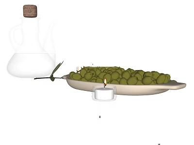 Ceramic Serving Plate With Fresh Olives Olive Oil Bottle And Candle 3d model