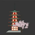 Cartoon Scene Featuring Red Multi tiered Tower With Green Roof And Pink Cherry Blossom Tree