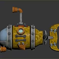 Yellow Underwater Submarine With Blue Transparent Cockpit Orange Periscope Fins And Thrusters