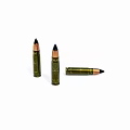 Three Green Ammunition Bullets With Black Tips On White Background