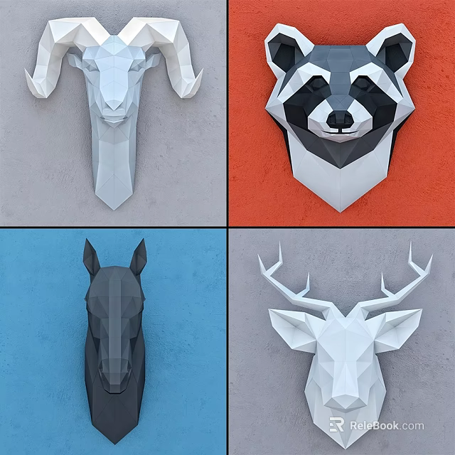 Geometric Modern Animal Wall Decor With Deer Raccoon Horse Head Designs And Colorful Backgrounds 3d model 