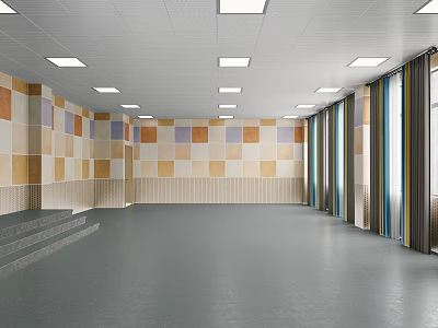 School Multipurpose Hall With Colorful Square Patterned Walls Recessed Ceiling Lights And Stepped Platform 3d model