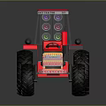 Red Farm Tractor With Cab Large Black Tires And Decorative Front Design