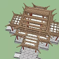 Traditional Chinese Architectural Structure with Multi Layered Roof Red Columns Carved Details and Steps
