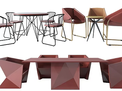 Modern Geometric Table and Chair Set With Metal Frames and Red Brown Colors 3d model