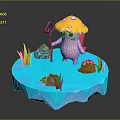 Cute Pink Cartoon Creature With Yellow Mushroom Hat Holding Cane On Platform With Colorful Stones And Grass