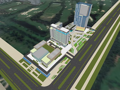 Aerial View Of Modern Urban Architectural Complex With Tall Buildings Roads And Green Spaces 3d model