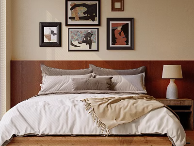 Double Bed with Wooden Headboard Soft Pillows Beige Blanket Decorative Paintings Near Nightstand White Lamp 3d model