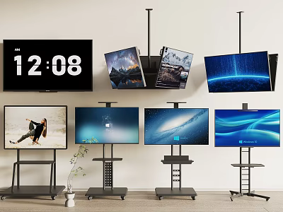 Various Televisions Displayed With Stands In Showroom 3d model