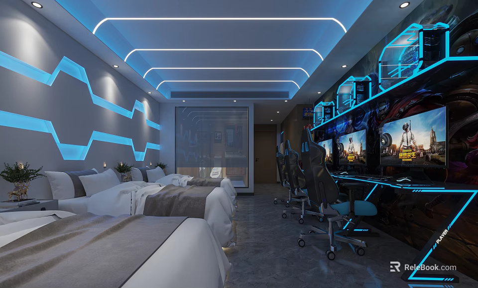 Modern Gaming Hotel Room with Double Beds Multiple Monitors and Neon Lights 3d model 