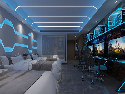 Modern Gaming Hotel Room with Double Beds Multiple Monitors and Neon Lights 3d model