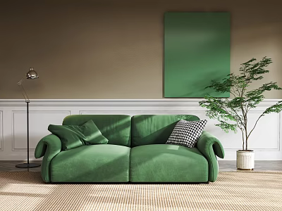 Two Person Green Sofa With Green Wall Art Floor Lamp Potted Plant And Beige Rug 3d model