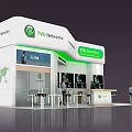 TVU Networks Exhibition Booth With Curved Design Digital Screens And Reception Seating Area