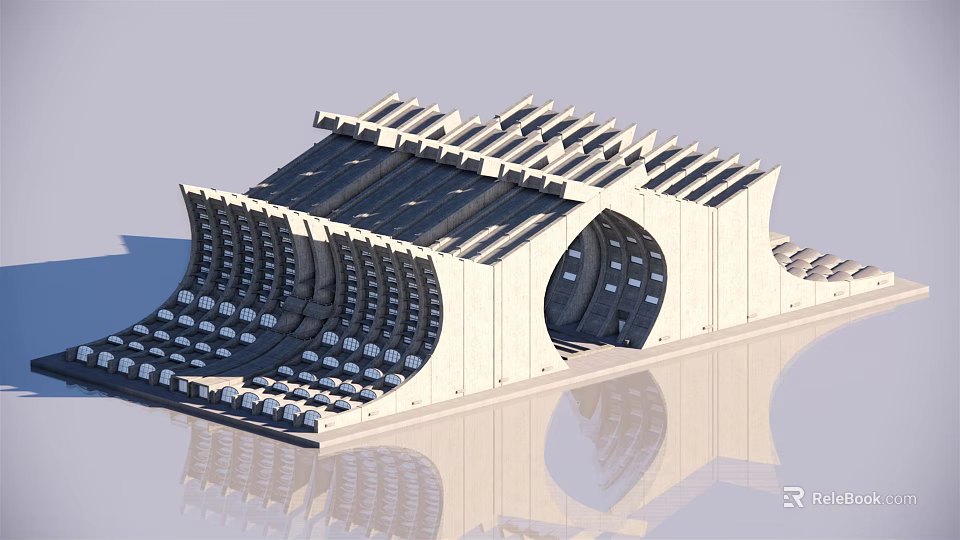 Modern Architectural Structure With Geometric Concrete Design Linear Patterns And Reflective Surface 3d model