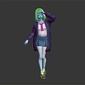 Anime Style 3D Female Character With White Hair Blue Coat Pink Necktie And Blue Skirt