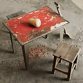 Rustic Dining Table Set With Wooden Stools Pumpkin And Potted Plant Near Weathered Wall