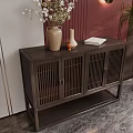 Modern Dark Wood Entryway Console Cabinet With Slatted Doors Burgundy Wall And Pendant Light