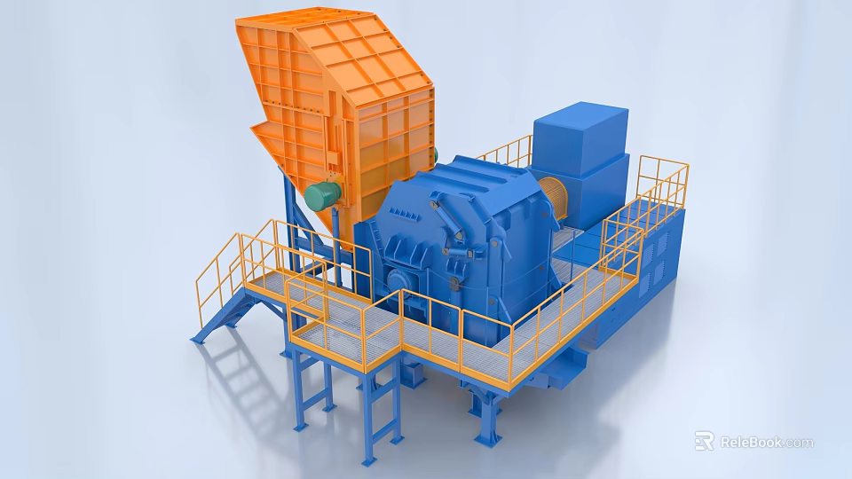 Industrial Crushing Equipment with Orange Hopper and Blue Machinery on Steel Platform 3d model 