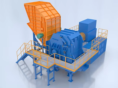 Industrial Crushing Equipment with Orange Hopper and Blue Machinery on Steel Platform 3d model