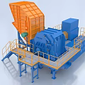 Industrial Crushing Equipment with Orange Hopper and Blue Machinery on Steel Platform