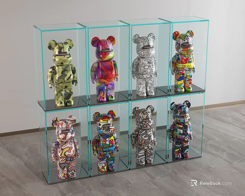 Colorful Bear Sculptures Displayed In Glass Display Case With Various Designs 3d model 