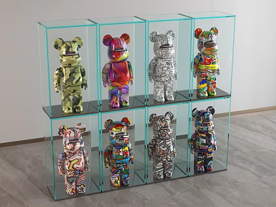 Colorful Bear Sculptures Displayed In Glass Display Case With Various Designs 3d model
