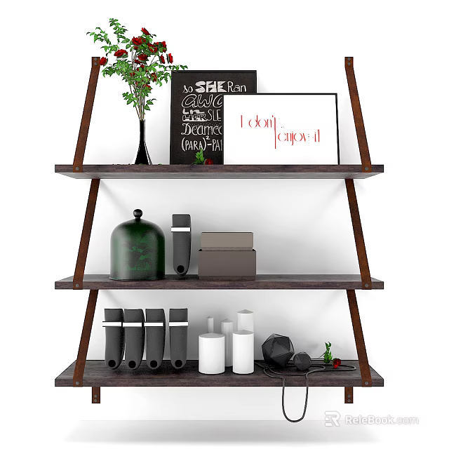 Tiered Wooden Shelf Unit For Home Decor Storage With Decorative Frames Jars And Boxes 3d model 