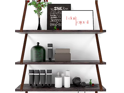 Tiered Wooden Shelf Unit For Home Decor Storage With Decorative Frames Jars And Boxes 3d model