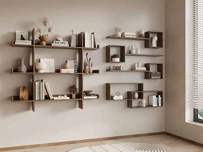 Modern Minimalist Floating Wall Shelves in Living Room with Books Decorative Vases and Small Plants 3d model