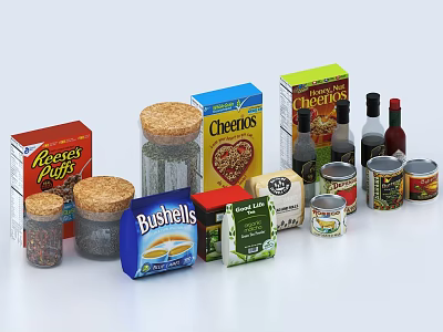 Variety of Packaged Food Products Including Breakfast Cereals Snacks Canned Goods and Condiments 3d model