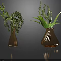 Brown Striped Vases With Green Hanging And Upright Plants On Dark Glossy Surface