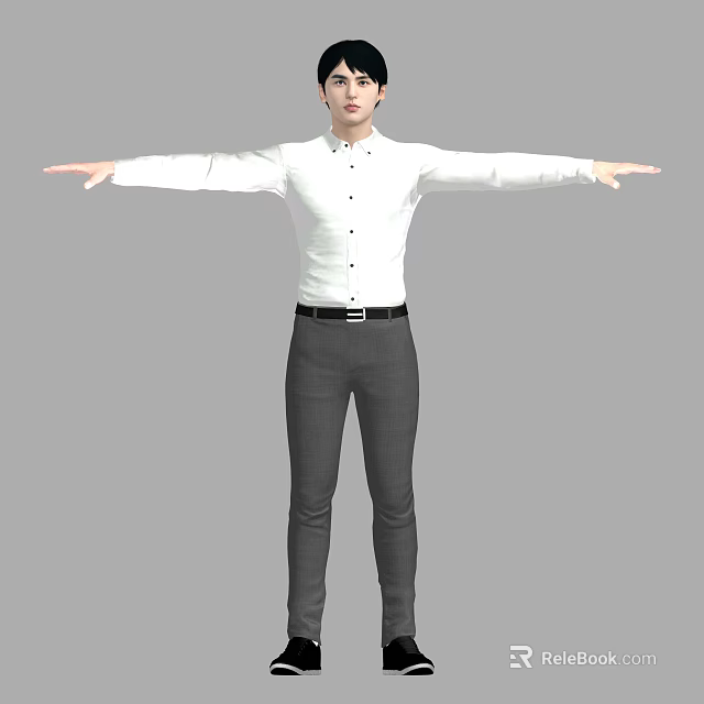 Man in White Shirt and Gray Pants with Arms Outstretched Against Gray Background 3d model 