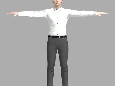 Man in White Shirt and Gray Pants with Arms Outstretched Against Gray Background 3d model