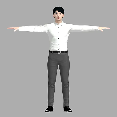 Man in White Shirt and Gray Pants with Arms Outstretched Against Gray Background 3d model