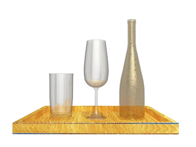Wine Bottle and Wine Glass on Yellow Wooden Tray with Clear Tumbler 3d model
