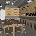 Woodworking Workshop Interior With Long Wooden Workbench Tool Pegboard Stools And Aprons