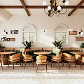 Spacious Restaurant Interior With Wooden Ceiling Beams Chandeliers Arched Windows Green Cushioned Seats And Plants