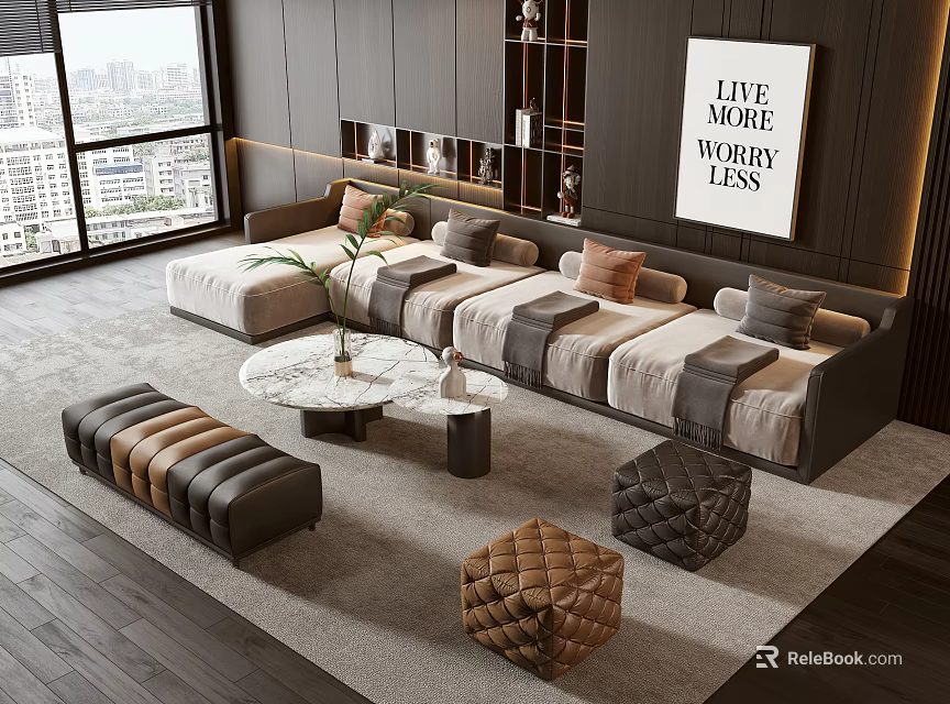 Modern Living Room L shaped Sofa and Coffee Table Set With Marble Top Ottomans and City View Window 3d model 