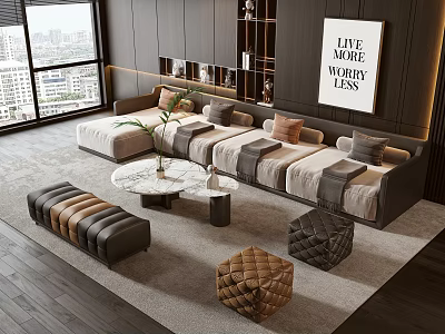 Modern Living Room L shaped Sofa and Coffee Table Set With Marble Top Ottomans and City View Window 3d model