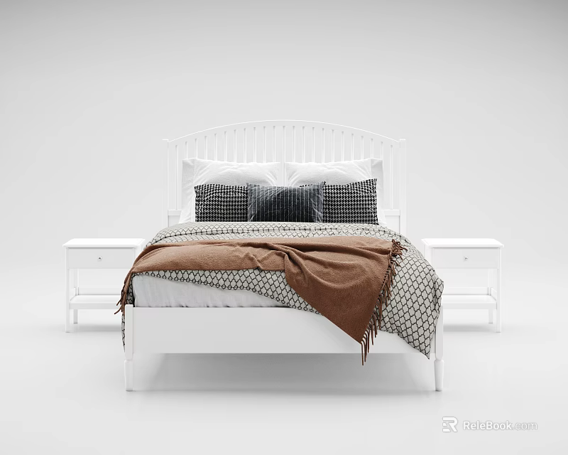 Double Bed with White Frame Curved Headboard Pillows and Nightstands in Bedroom 3d model 