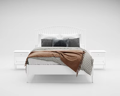 Double Bed with White Frame Curved Headboard Pillows and Nightstands in Bedroom 3d model