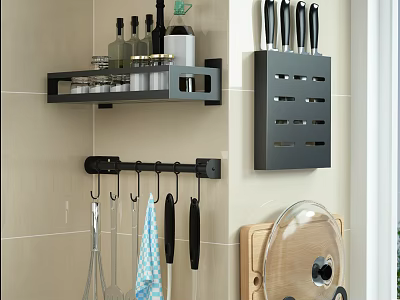 Wall Mounted Kitchen Storage Racks With Knife Holder Bottles And Hanging Utensils 3d model