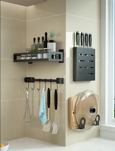 Wall Mounted Kitchen Storage Racks With Knife Holder Bottles And Hanging Utensils 3d model