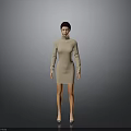 Woman In Beige High Neck Long Sleeve Dress Short Dark Hair Blue Shoes Gray Background