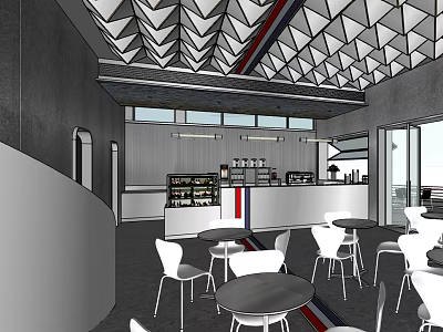 Modern Café Interior Design With Geometric Patterned Ceiling White Tables and Bar Counter 3d model