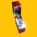 Red Box With Open Lid Featuring Silver Interior Mechanism And Gold Emblem On Yellow Background