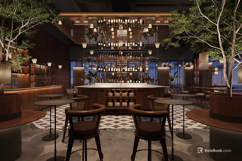 Modern Luxury Restaurant Design With Wooden Bar Counter Comfortable Seats And Fresh Indoor Green Plants 3d model 