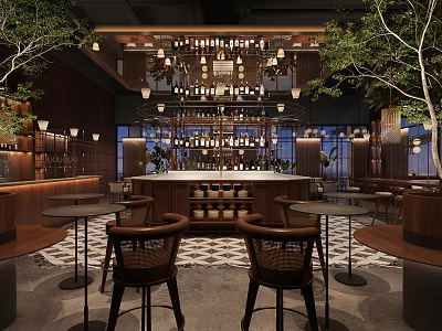 Modern Luxury Restaurant Design With Wooden Bar Counter Comfortable Seats And Fresh Indoor Green Plants 3d model