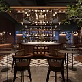 Modern Luxury Restaurant Design With Wooden Bar Counter Comfortable Seats And Fresh Indoor Green Plants