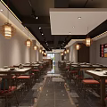Sichuan Restaurant Interior Design With Wooden Reception Counter Hanging Lamps And Food Display Shelves